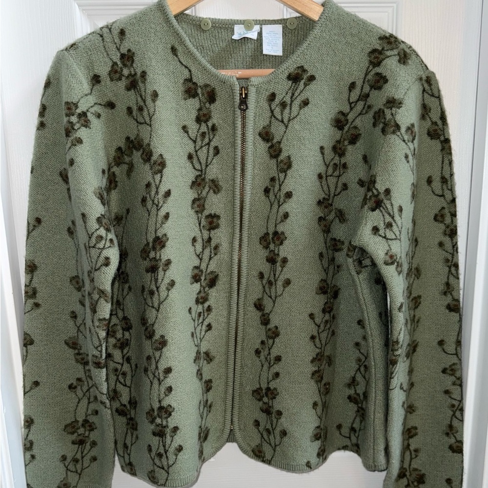 Full Zip Green Long Sleeve Cardigan Womens S Oversized floral leafy feminine